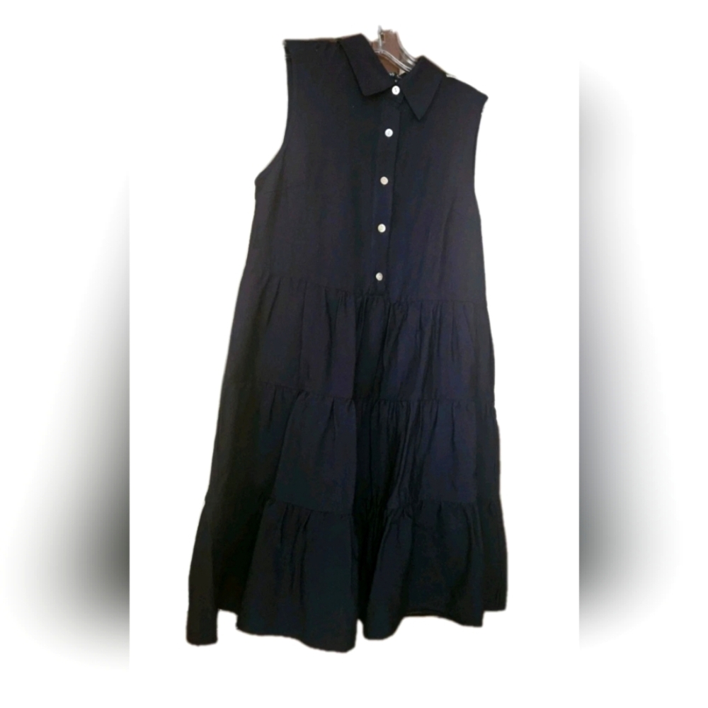 Boho Chic Navy Sleeveless Tiered Midi Dress Size S | Button Front | Viscose Blen